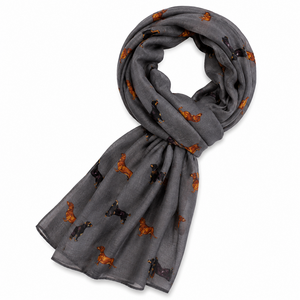Grey scarf with dachshund sausage dog pattern on a white background