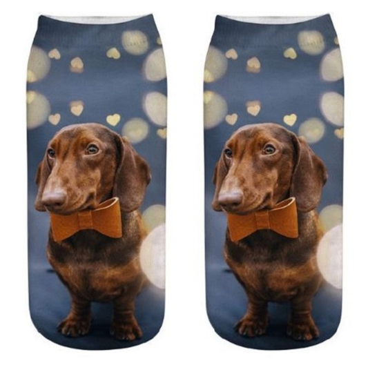 Socks with a dachshund wearing a bow tie on a blue background with heart shapes.
