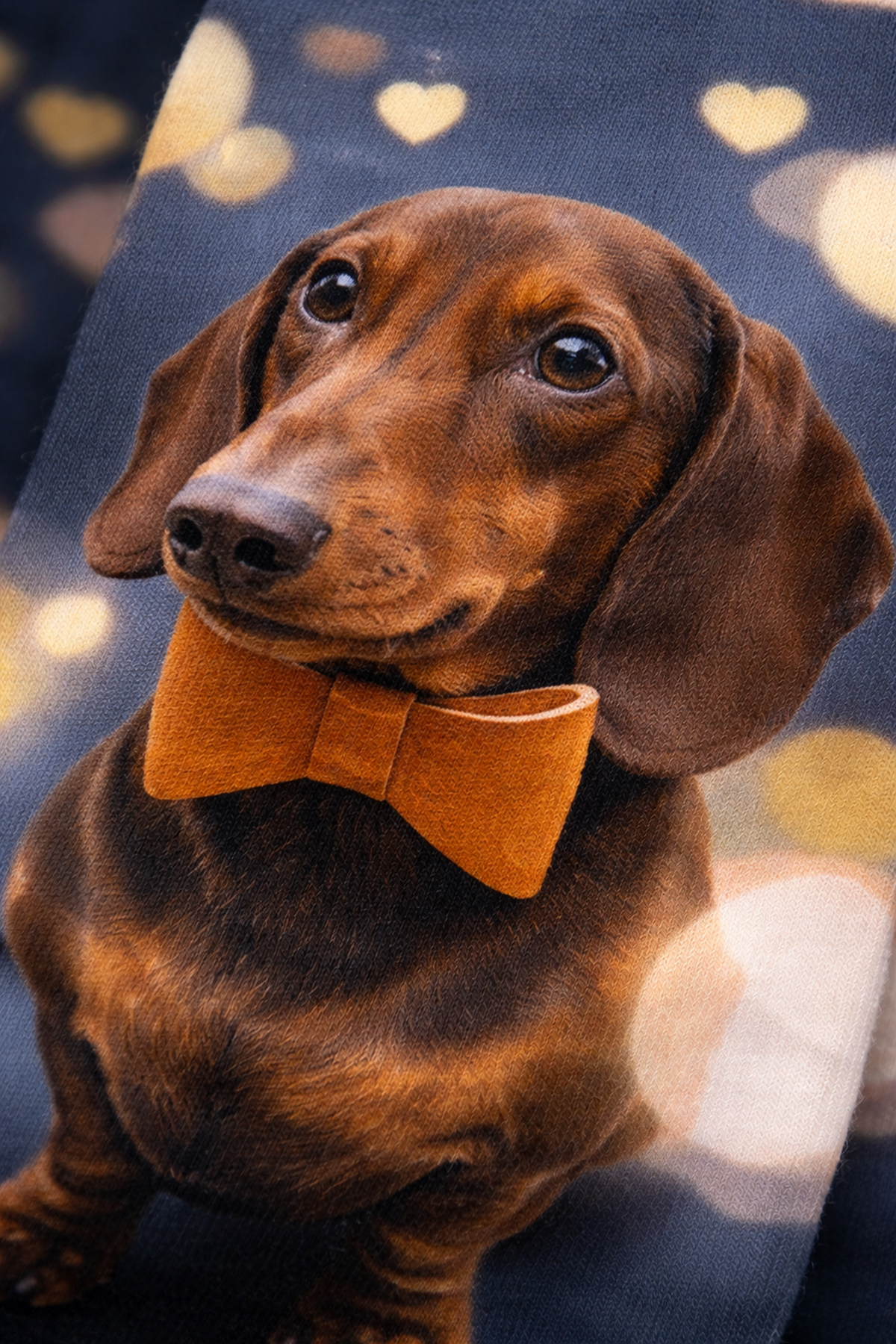 A brown dachshund wearing a tan suede bow tie, set against a dark blue background with soft gold heart-shaped bokeh lights.