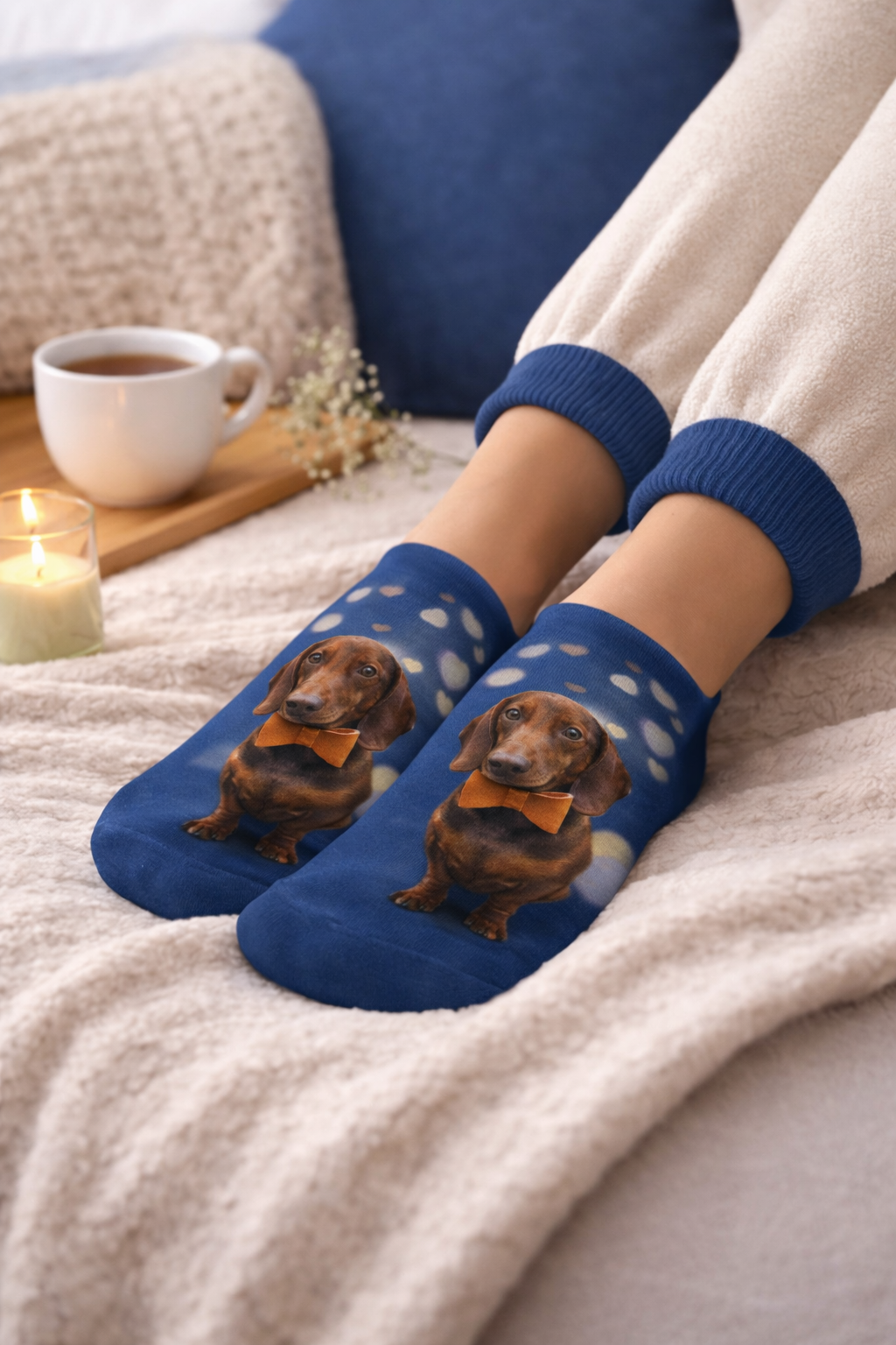 A person sitting on a cozs blanket with their legs visible, wearing blue trainer socks printed with a dachshund wearing an orange bow tie. A cup of coffee, a candle, and a pillow are in the background.