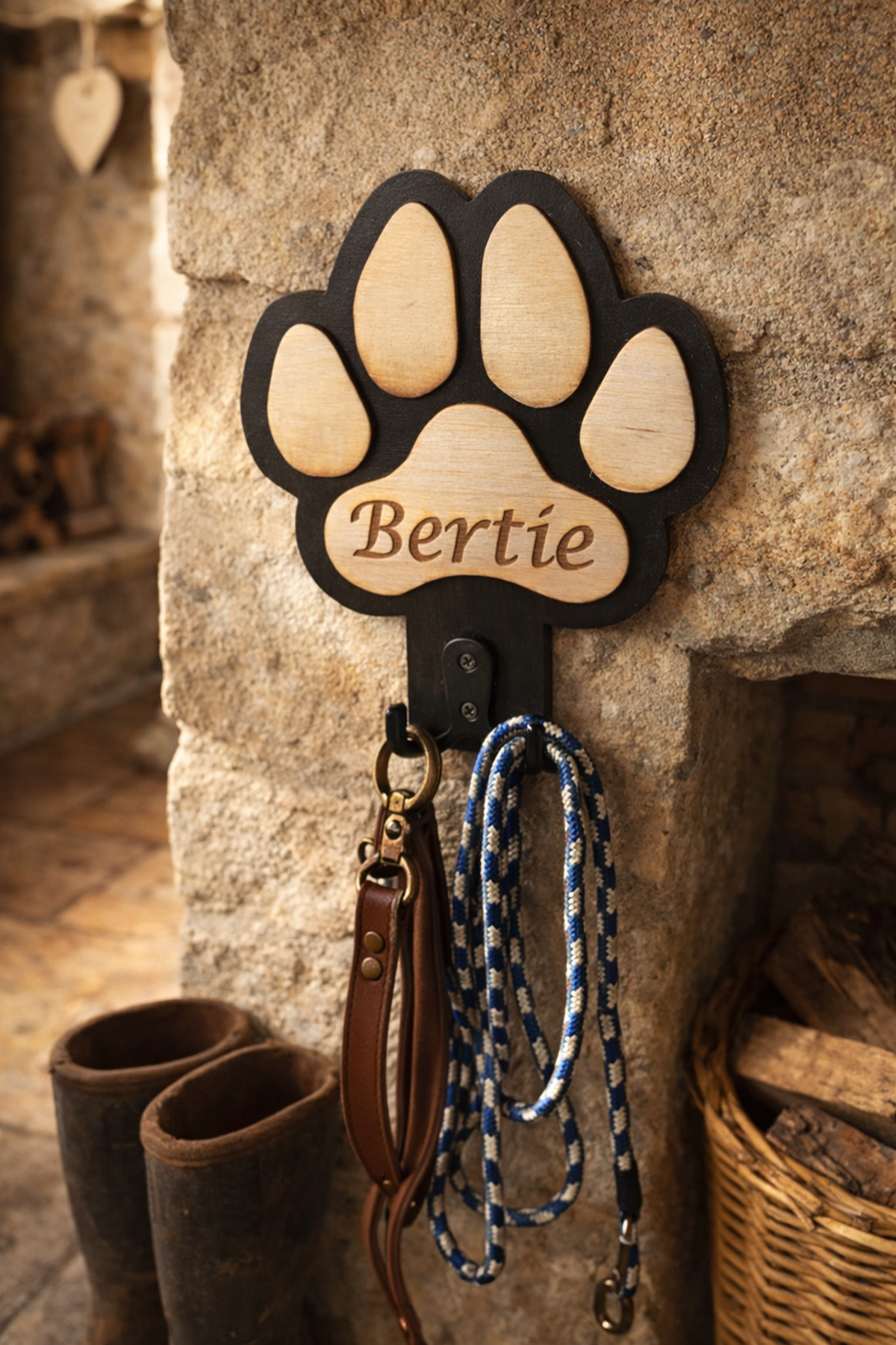 A personalised wooden dog lead rack shaped like a paw print, mounted on a rustic stone wall. The name 'Bertie' is engraved in the centre.