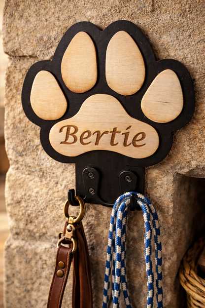 A personalised wooden paw-shaped dog lead hook with the name 'Bertie' engraved in the centre, mounted on a stone pillar. A brown leather strap and a blue-and-white braided rope hang from the black metal hooks below.