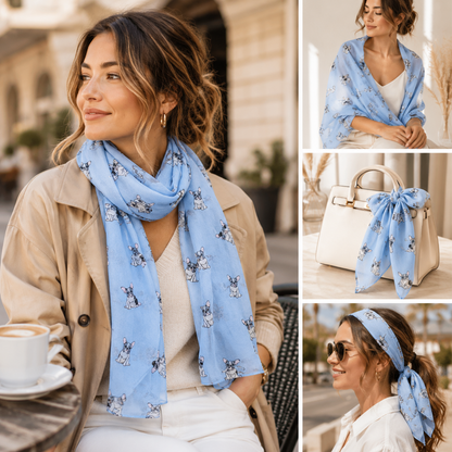 A light blue scarf with a French Bulldog dog print pattern, shown styled on a woman in a cafe setting, draped over a handbag, and tied as a headband. The collage includes a large main photo and two smaller detail photos on the right.