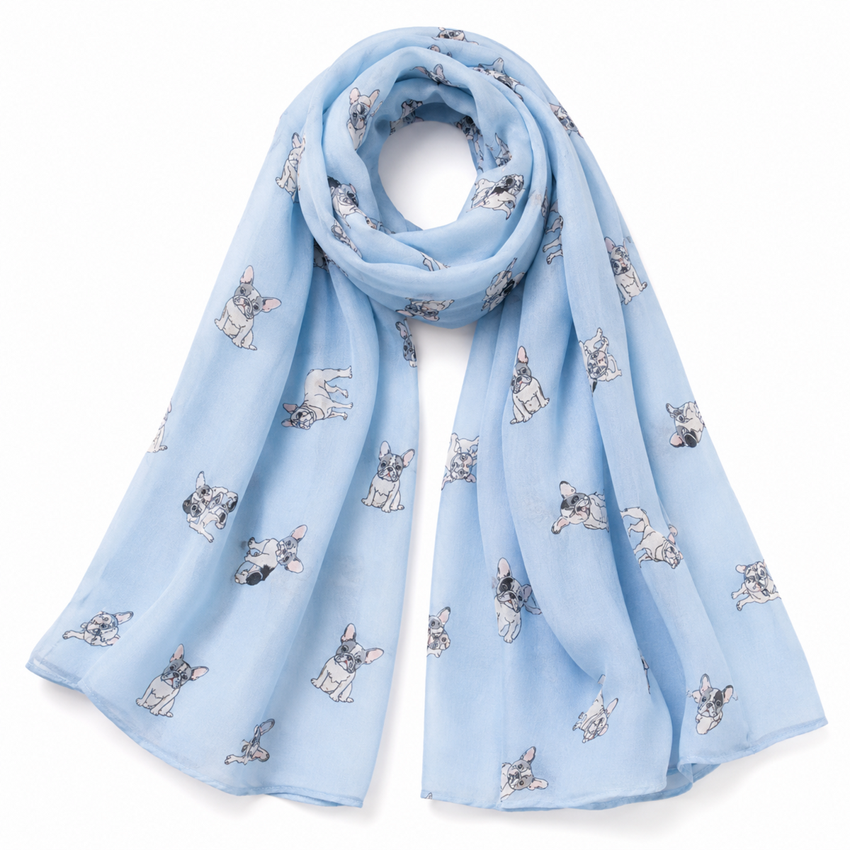 A light blue scarf with a repeating pattern of small French Bulldog illustrations, arranged in a loop on a white background.
