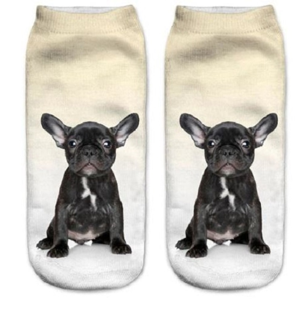 Pair of socks with a grey French Bulldog dog print on a white background