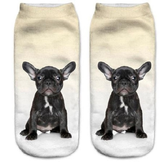 Pair of socks with a grey French Bulldog dog print on a white background