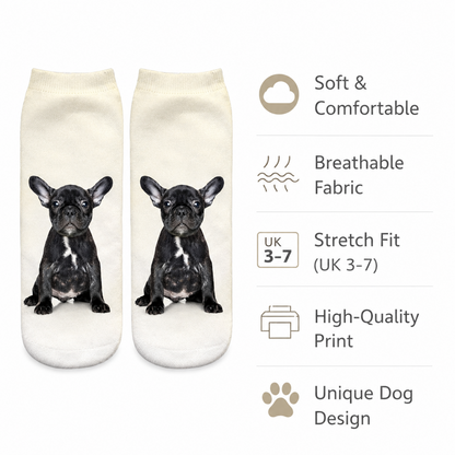 A pair of cream ankle socks with a printed black grey French bulldog design, shown next to a feature list highlighting soft comfort, breathable fabric, stretch fit, high-quality print, and a unique dog design.