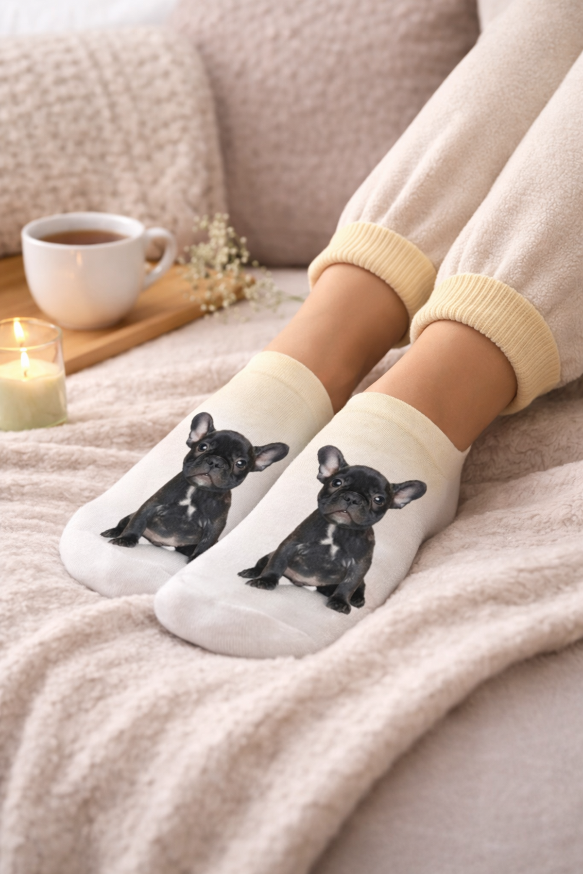 A person wearing cream ankle socks with printed grey French bulldog illustrations, sitting on a soft beige blanket with a cup of coffee, candle, and small flowers nearby.