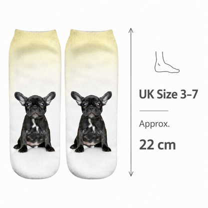 A pair of low-cut socks with a grey  French bulldog print on a white-to-cream gradient background, shown next to a size guide indicating UK Size 3-7 and 22 cm.