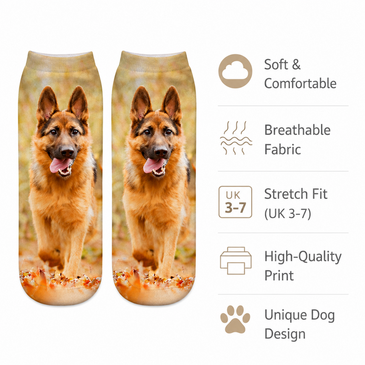 A pair of ankle socks with a printed photo of a German Shepherd dog, shown next to a feature list on a white background. The text highlights soft comfort, breathable fabric, stretch fit, high-quality print, and a unique dog design.