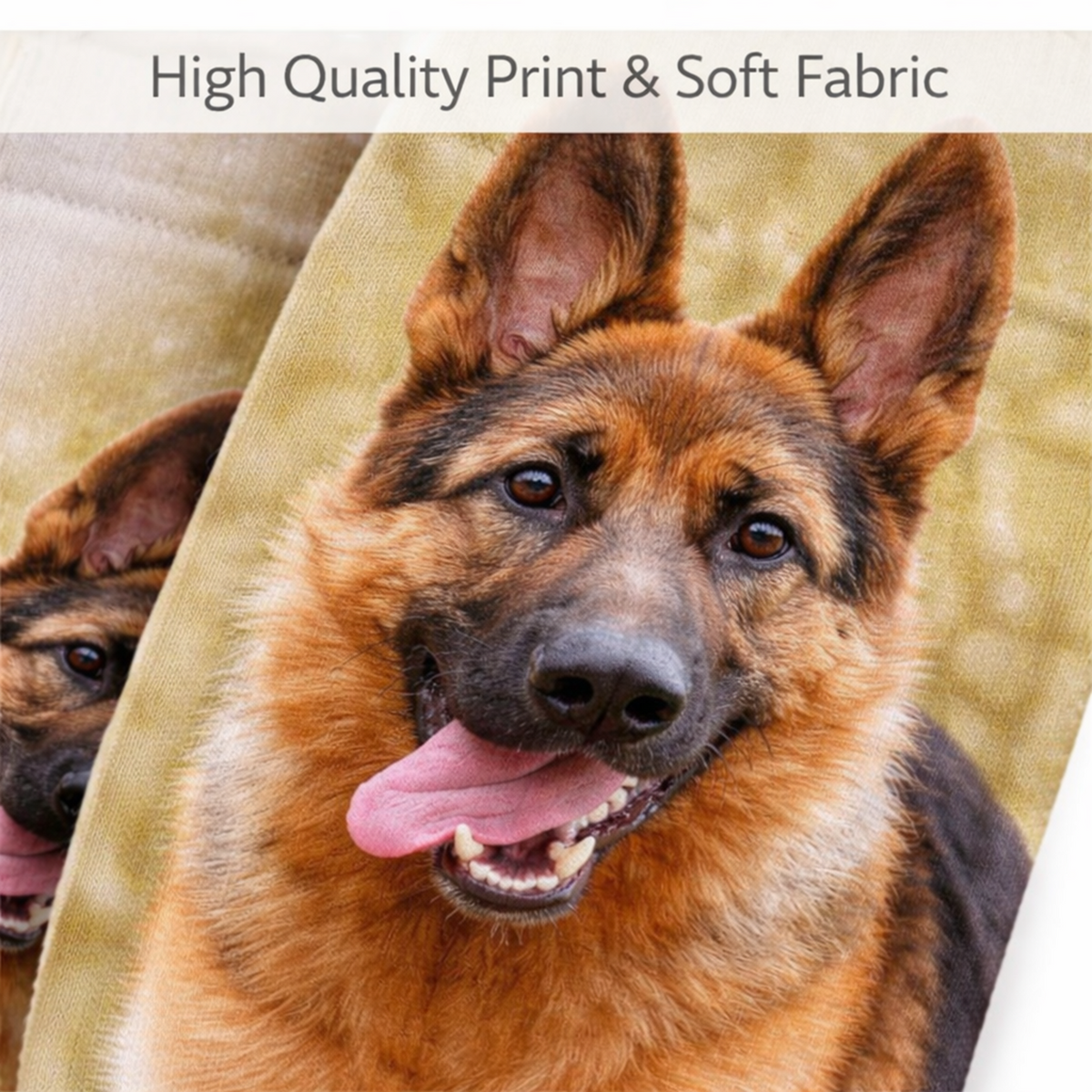 A close-up of a German Shepherd dog printed on a soft sock, with a folded section of the same fabric visible behind it. Text at the top reads 'High Quality Print & Soft Fabric'.