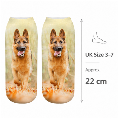 A pair of ankle socks with a printed German Shepherd dog walking through autumn leaves, shown next to a size measurement graphic indicating UK Size 3-7 and 22 cm length.