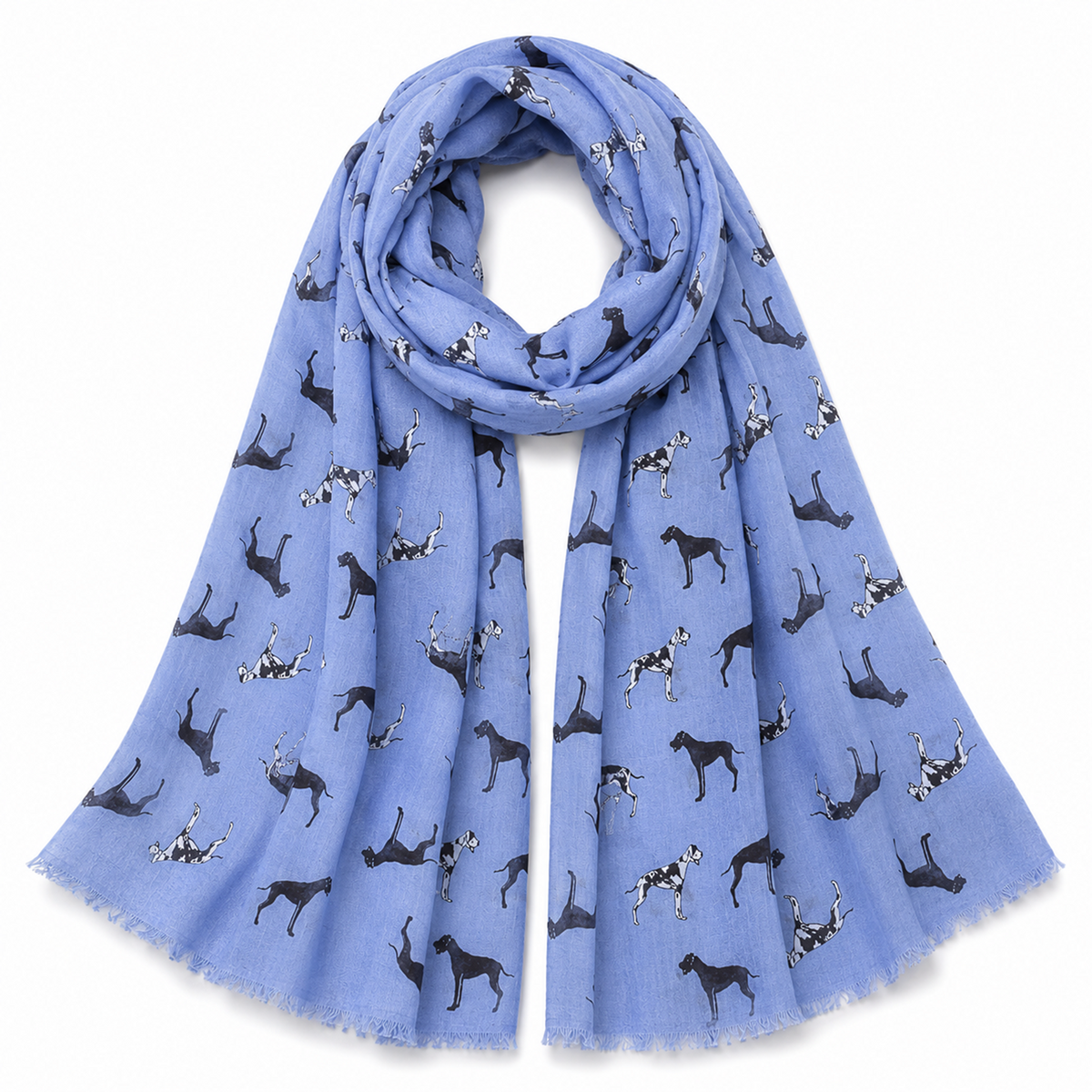 A denim blue scarf with an all over print of black and white Great Dane dogs, styled in a loop on a clean white background.