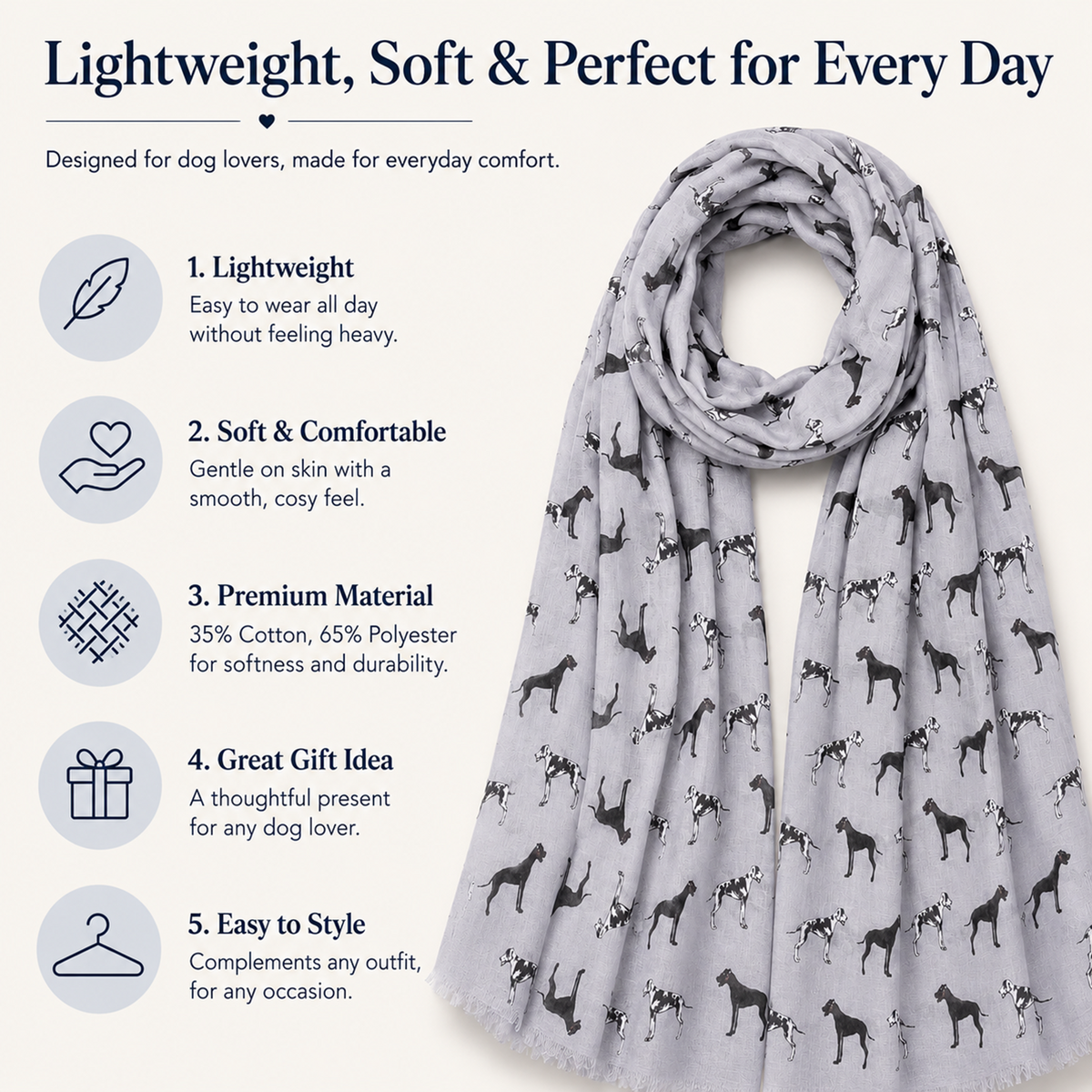 A light grey scarf with a black Great Dane dog print pattern, styled in a loop on a white background with promotional text highlighting its lightweight, soft, and comfortable qualities.