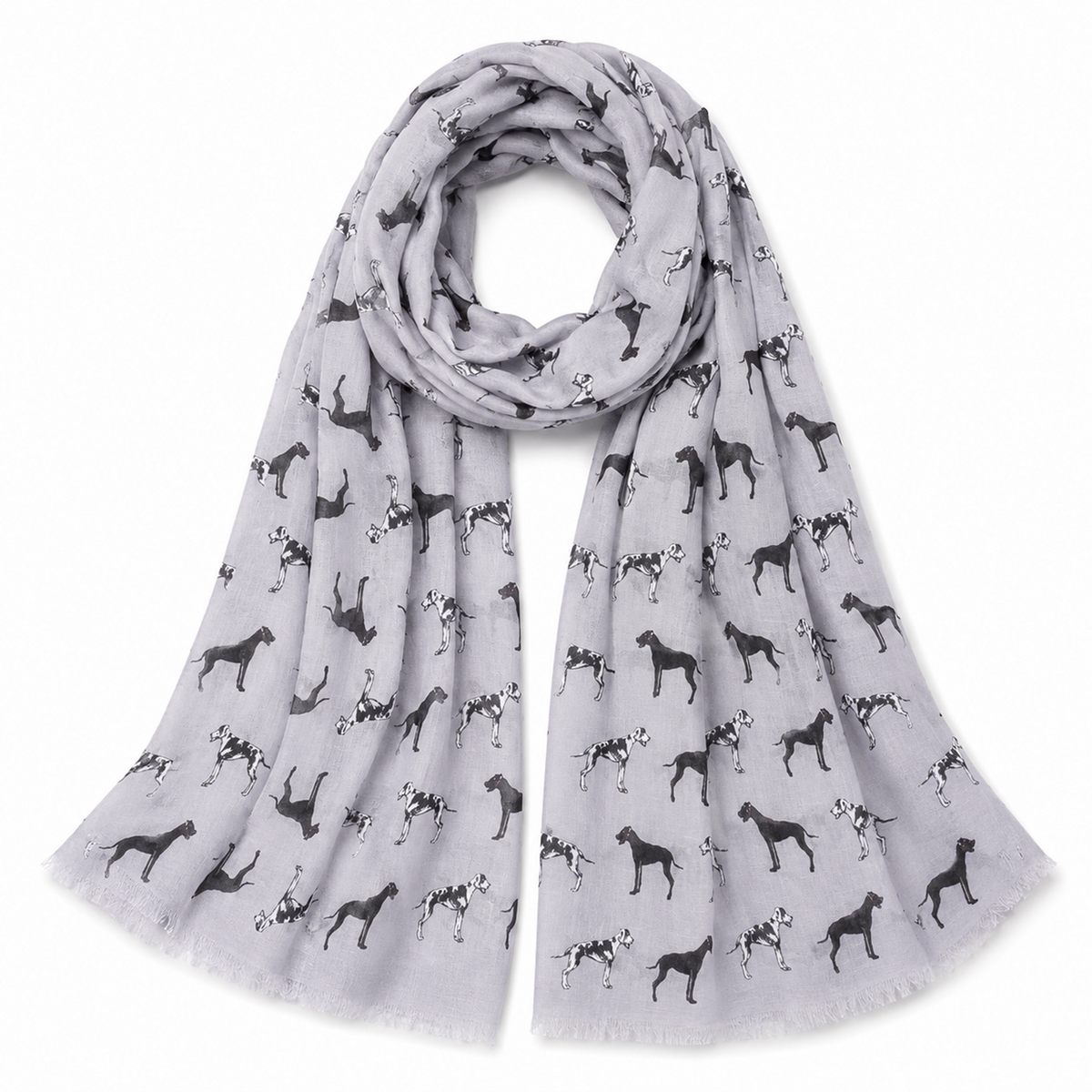 A light grey scarf with an allover print of black and white Great Dane dog silhouettes, draped in a loop on a white background.