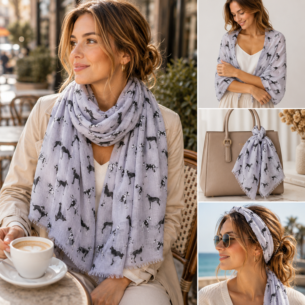 A woman wearing a light grey scarf with a black and white Great Dane dog print pattern, shown in a lifestyle collage with three smaller panels demonstrating the scarf in different ways: worn around the neck, draped over one shoulder, and tied as a headband.