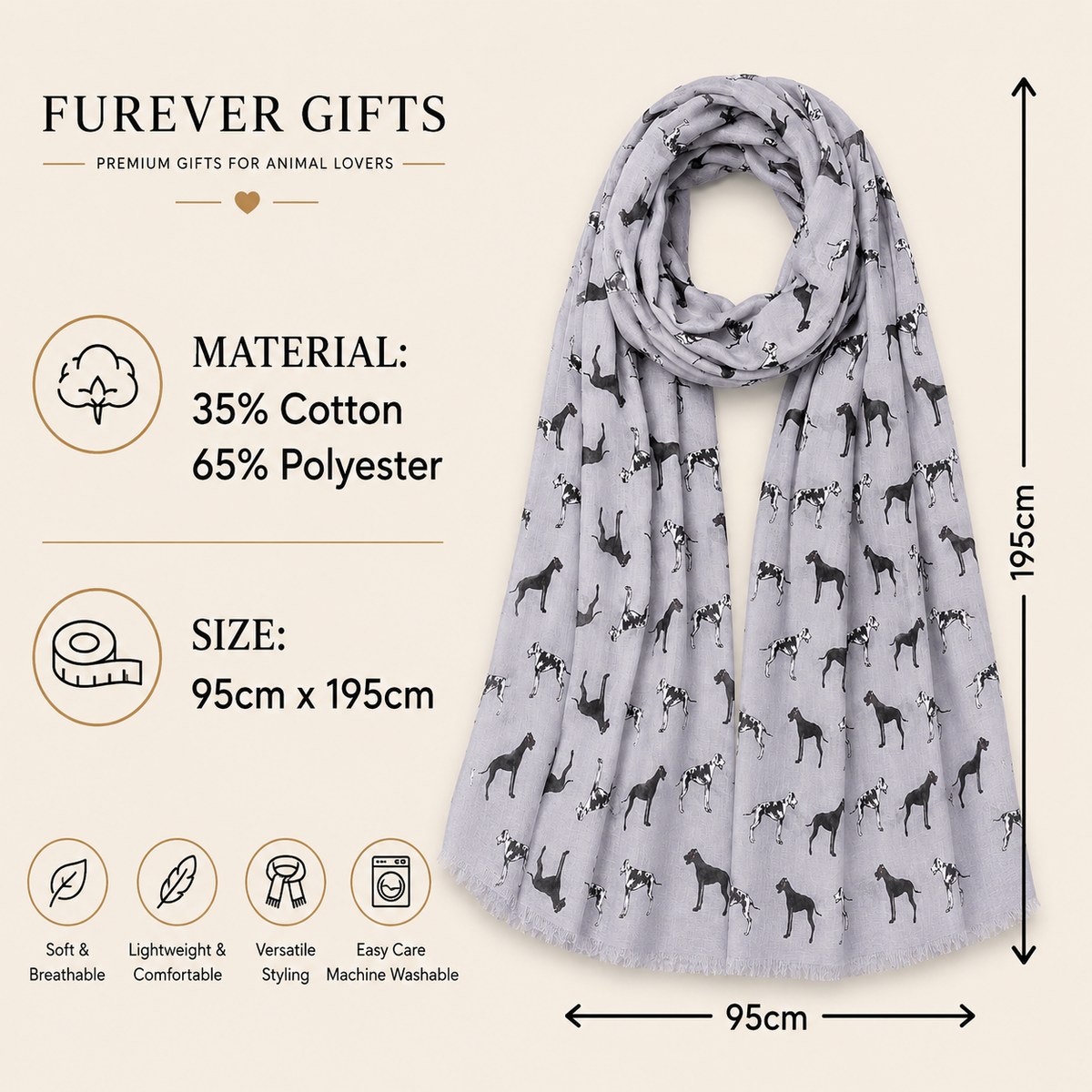 A light grey pet scarf with a black Great Dane dog print pattern, shown with dimension lines indicating a size of 95cm x 195cm. The image includes product details on a beige background, including material composition (35% Cotton, 65% Polyester), dimensions, and care instructions.
