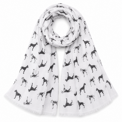 White scarf with black Great Dane dog pattern on a white background