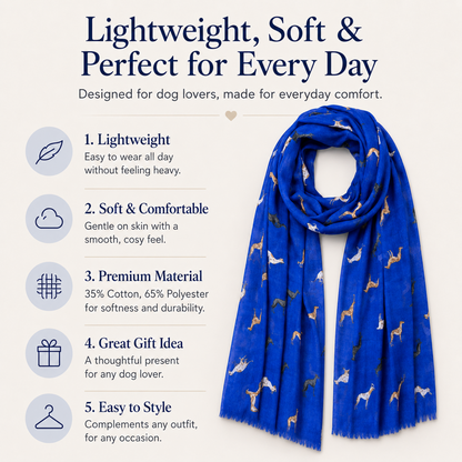 A denim blue greyhound whippet dog scarf with a pattern of small white and beige dogs, displayed on a light beige background next to a list of five product features with icons and text.