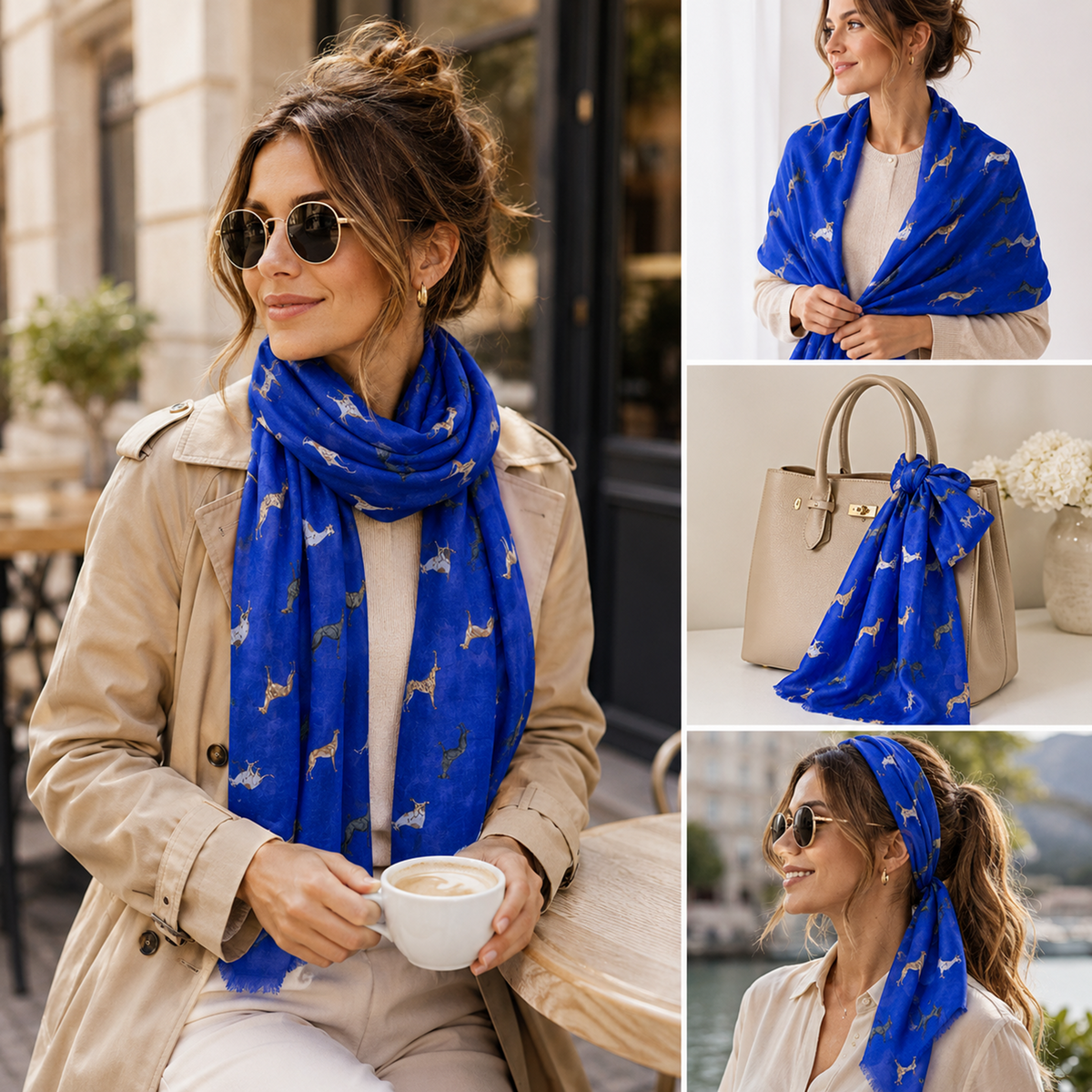 A woman wearing a bright denim blue scarf with a repeating greyhound whippet dog print is shown in a lifestyle collage. The main panel shows her seated outdoors in a beige trench coat holding a cup, with three smaller panels on the right showing alternate styling: wrapped around the shoulders, draped over a beige handbag, and tied as a headband.