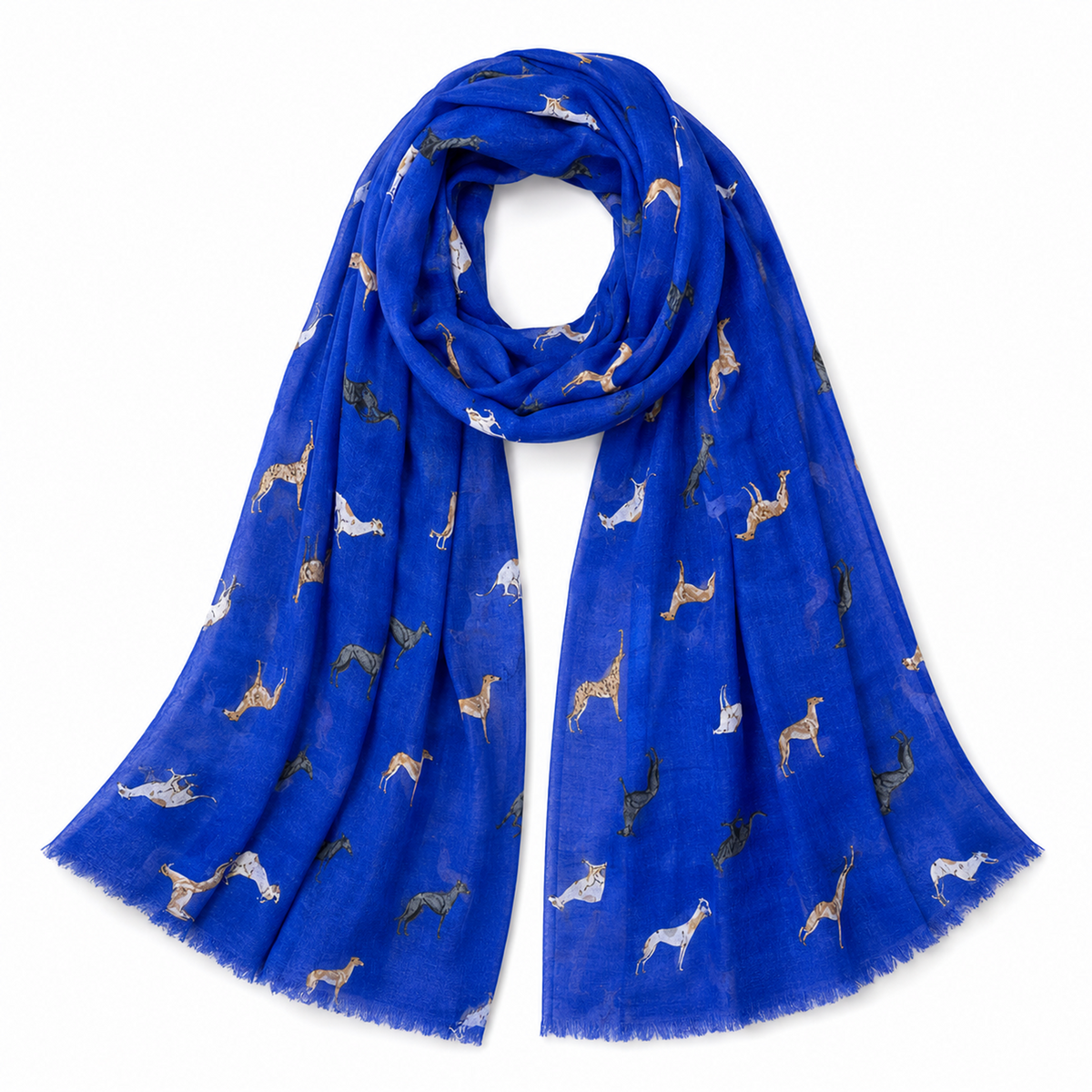 Denim blue scarf with greyhound dog pattern on a white background