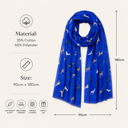 Blue patterned scarf with a greyhound whippet print design, shown with dimension lines indicating a size of 90cm by 180cm on a light beige background with material and feature icons.