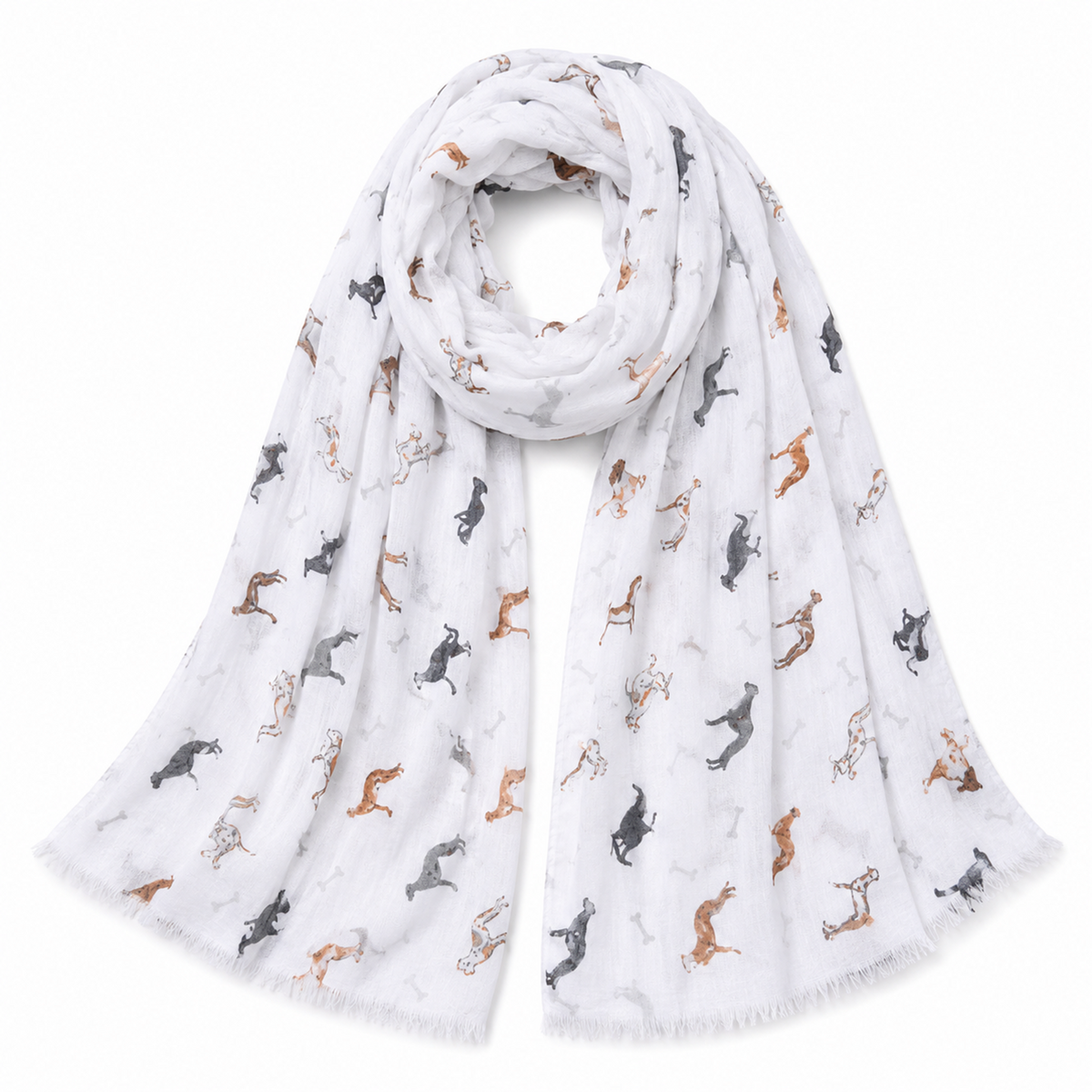 A lightweight white scarf with a scattered print of greyhound whippet dog silhouettes in black, grey, and tan, finished with fringed edges and styled in a loose loop on a white background.