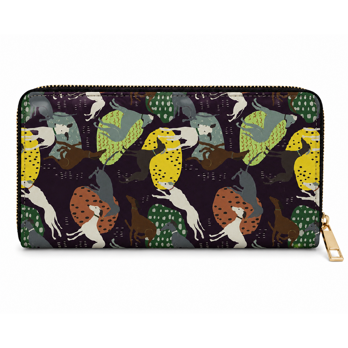A zip-around wallet with a dark background and an all-over whimsical pattern of Greyhound & Whippet dogs in yellow, green, brown, and white, with a gold-tone zipper pull.