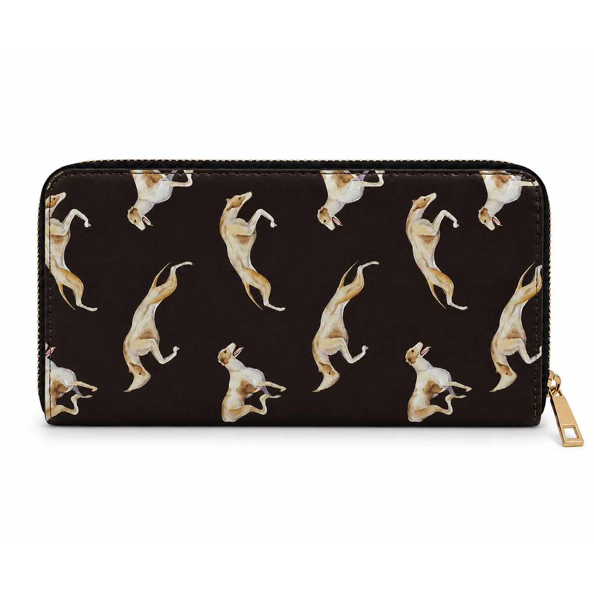 A long zip-around wallet with a black background and an allover print of small Greyhound & Whippet dogs in various playful poses, finished with a gold-tone zipper pull.