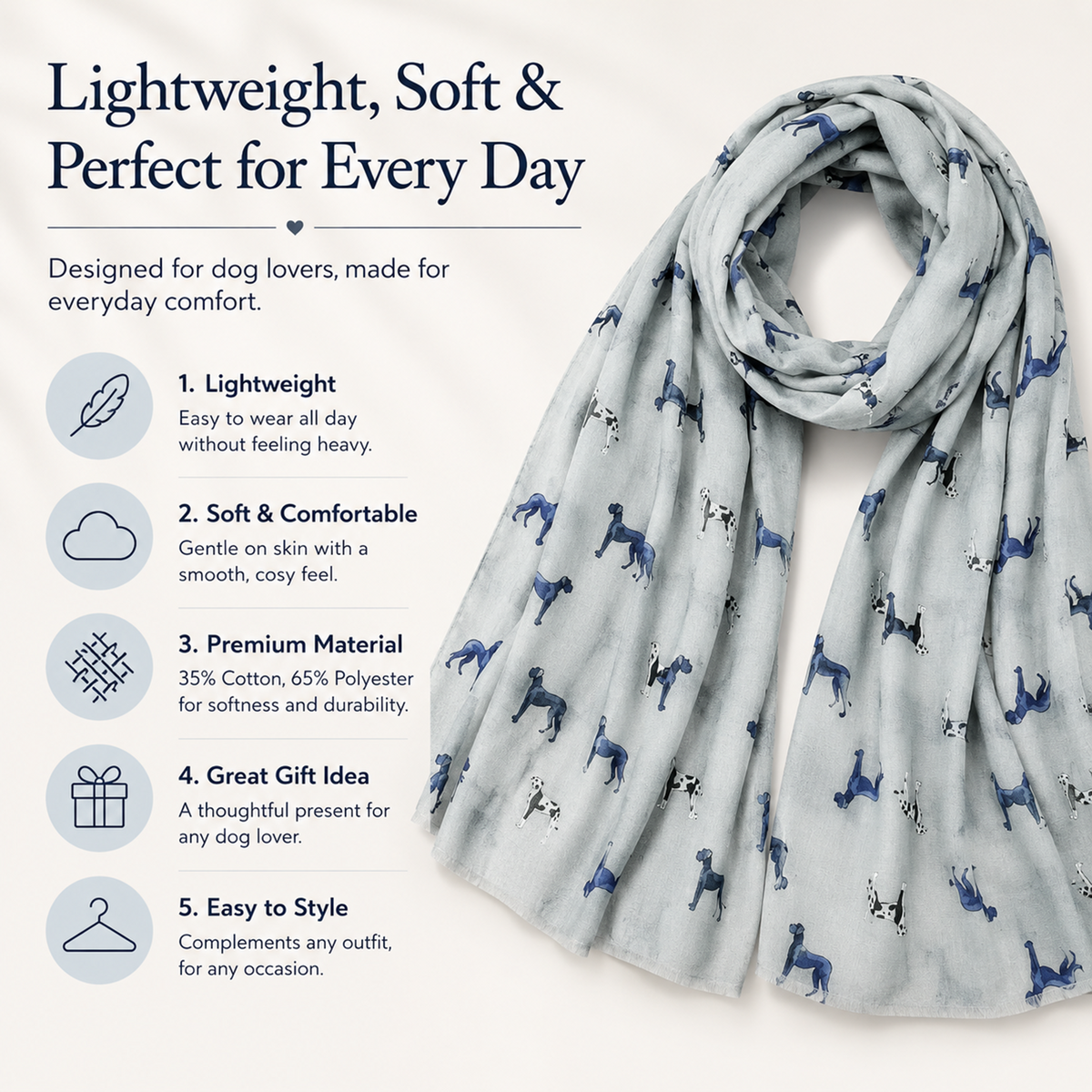A light grey Harlequin Great Dane dog-print scarf displayed against a clean white background, with promotional text and feature icons on the left side.
