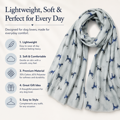 A light grey Harlequin Great Dane dog-print scarf displayed against a clean white background, with promotional text and feature icons on the left side.