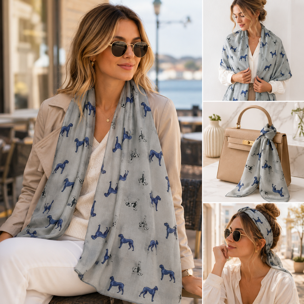 A woman models a light grey scarf with a blue and black Harlequin Great Dane dog print in three lifestyle settings: seated outdoors, draped over her shoulders, and styled with a matching headband. A tan handbag appears in one inset as a styling prop.