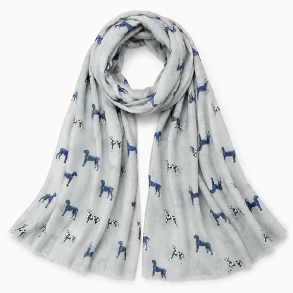 Grey scarf with blue Harlequin Great Dane dog pattern on a white background
