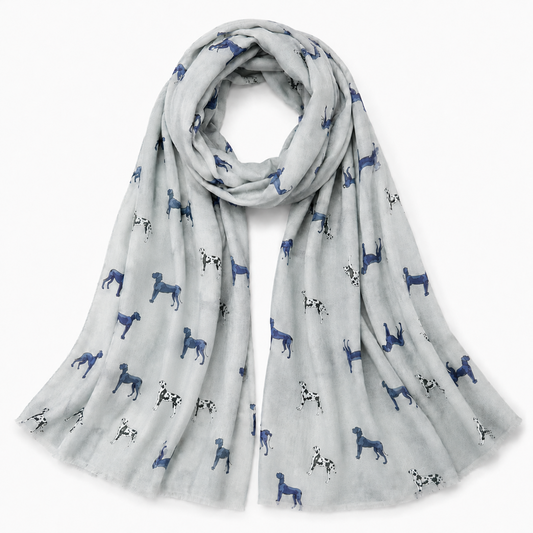 Grey scarf with blue Harlequin Great Dane dog pattern on a white background