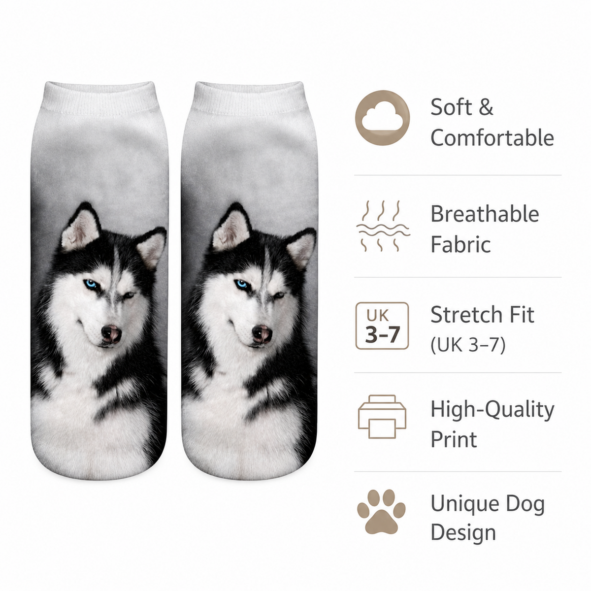 A pair of low-cut socks with a printed husky face design, shown next to a feature list highlighting soft comfort, breathable fabric, stretch fit, high-quality print, and a unique dog design.