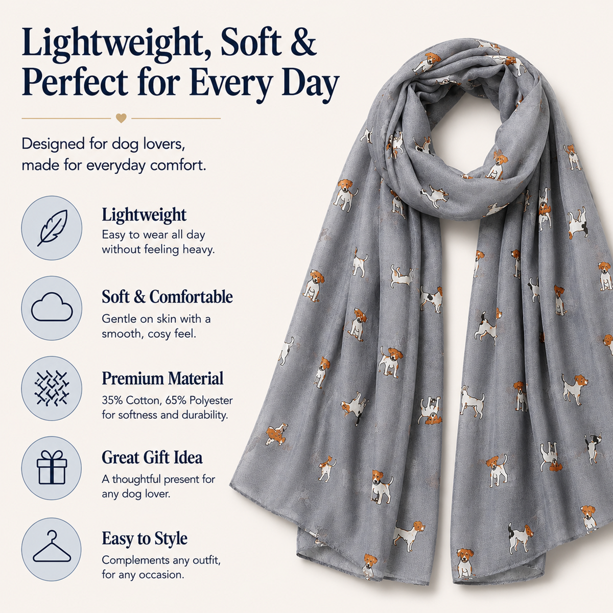 A light grey scarf with a repeating pattern of small Jack Russell terrier dog illustrations, shown draped on a white background with marketing text and feature icons on the left.