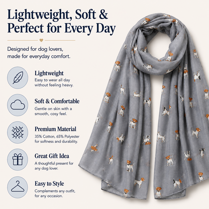 A light grey scarf with a repeating pattern of small Jack Russell terrier dog illustrations, shown draped on a white background with marketing text and feature icons on the left.