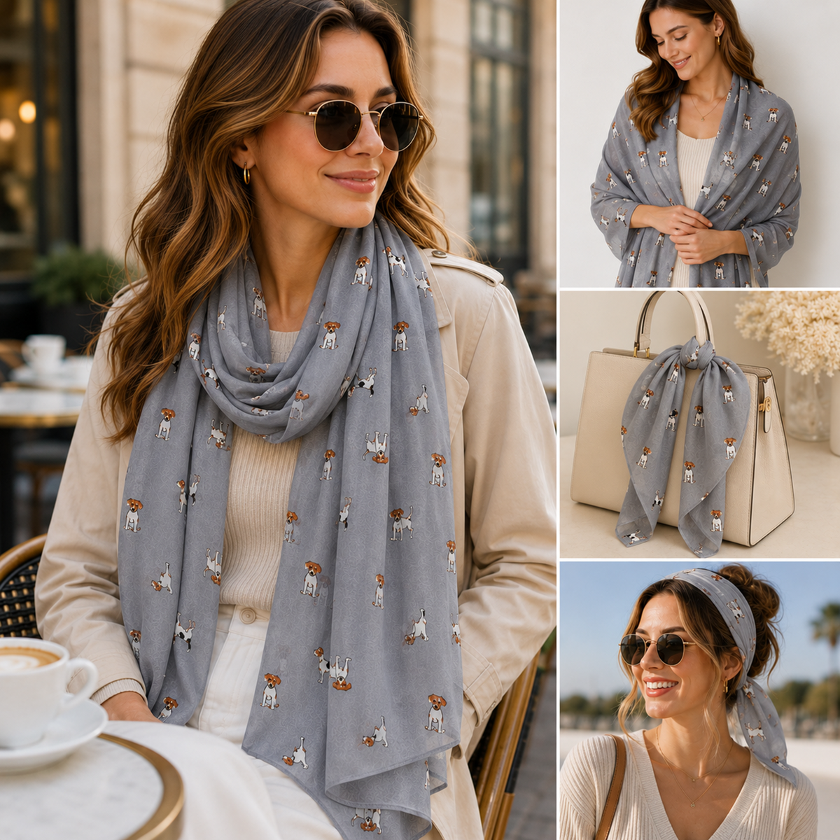 A woman wearing a light grey scarf with a repeating dog print, shown in a lifestyle collage with inset photos of the scarf styled on a model, over a handbag, and as a headband.