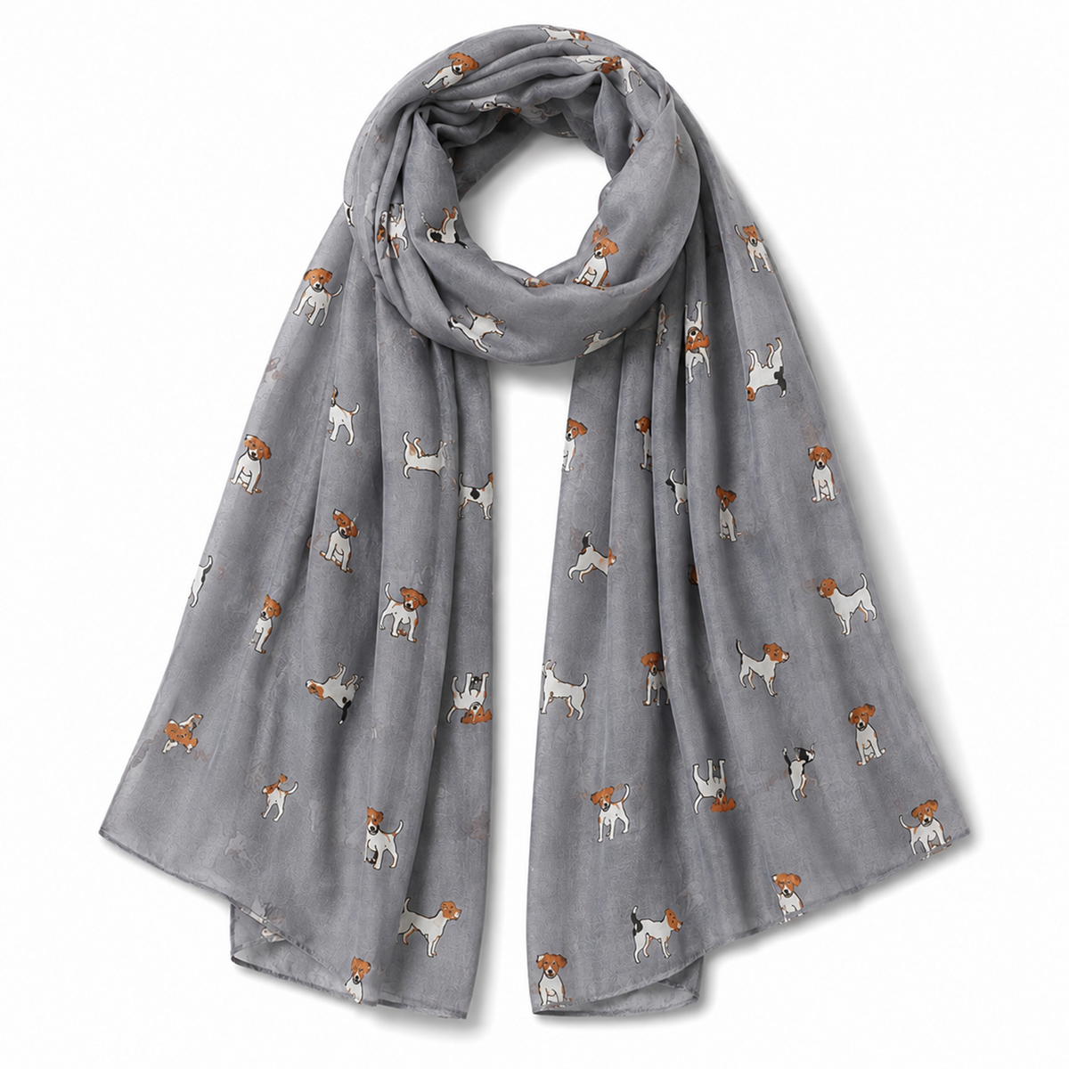 A light grey scarf featuring a repeating pattern of small Jack Russell Terrier dogs in white, brown, and black, shown on a clean white background.