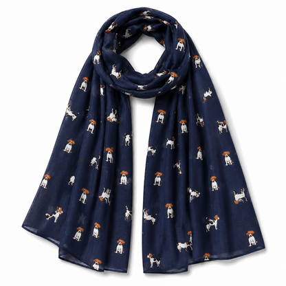 A navy blue scarf with a repeating pattern of small Jack Russell terrier dogs with orange-brown ears, shown on a plain white background.