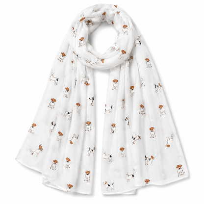 White scarf with Jack Russell terrier dog pattern on a white background