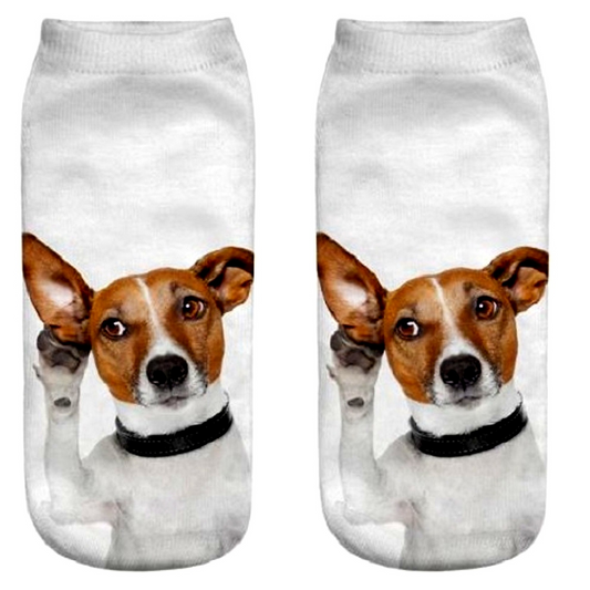 Two socks with a Jack Russell terrier dog's face printed on them against a white background