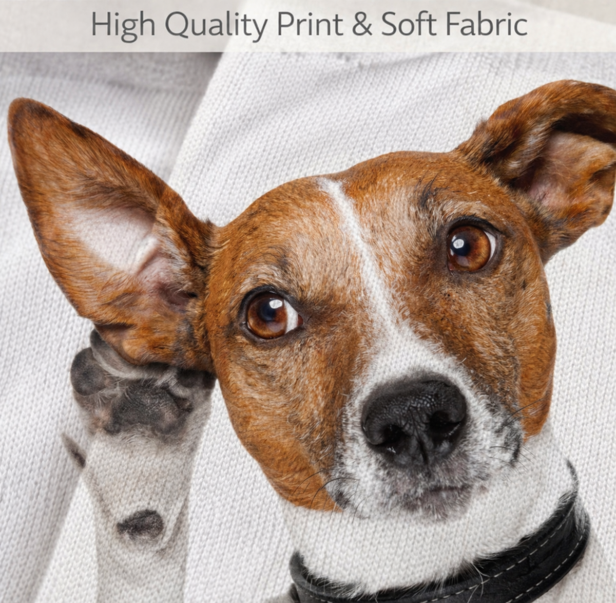 A close-up of a brown and white Jack Russell terrier dog on a trainer sock, with a banner at the top reading 'High Quality Print & Soft Fabric'.