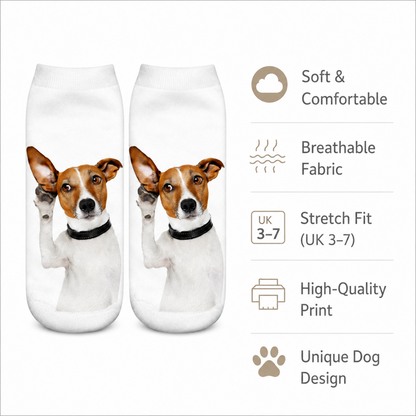 A pair of white low-cut socks featuring a printed graphic of a Jack Russell Terrier dog, shown next to a vertical list of product features on a white background.