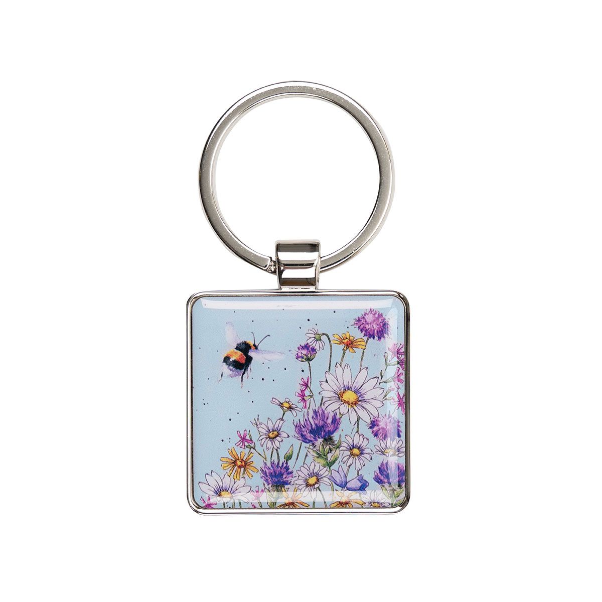 Keychain with a design of flowers and a bee on a light blue background
