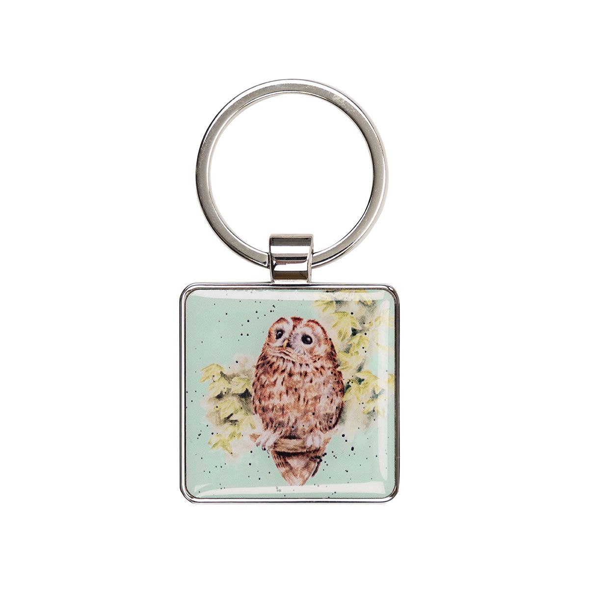 Keychain with an owl design on a light green background