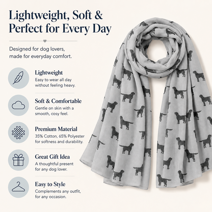 A light grey Labrador dog-print scarf is displayed on a cream background with promotional text and icons highlighting its lightweight, soft, and comfortable qualities.