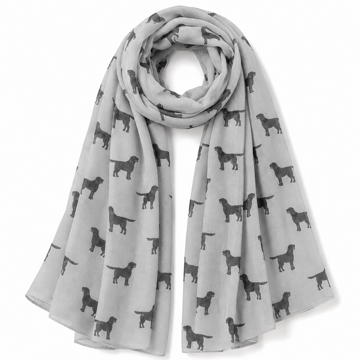 Grey scarf with black Labrador dog pattern on a white background