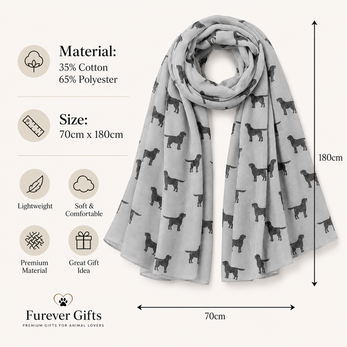 A light grey scarf with a black Labrador dog print pattern, displayed on a beige background with informational text and dimension arrows. The text lists material as 35% Cotton and 65% Polyester, size as 70cm x 180cm, and features the brand 'Furever Gifts'.