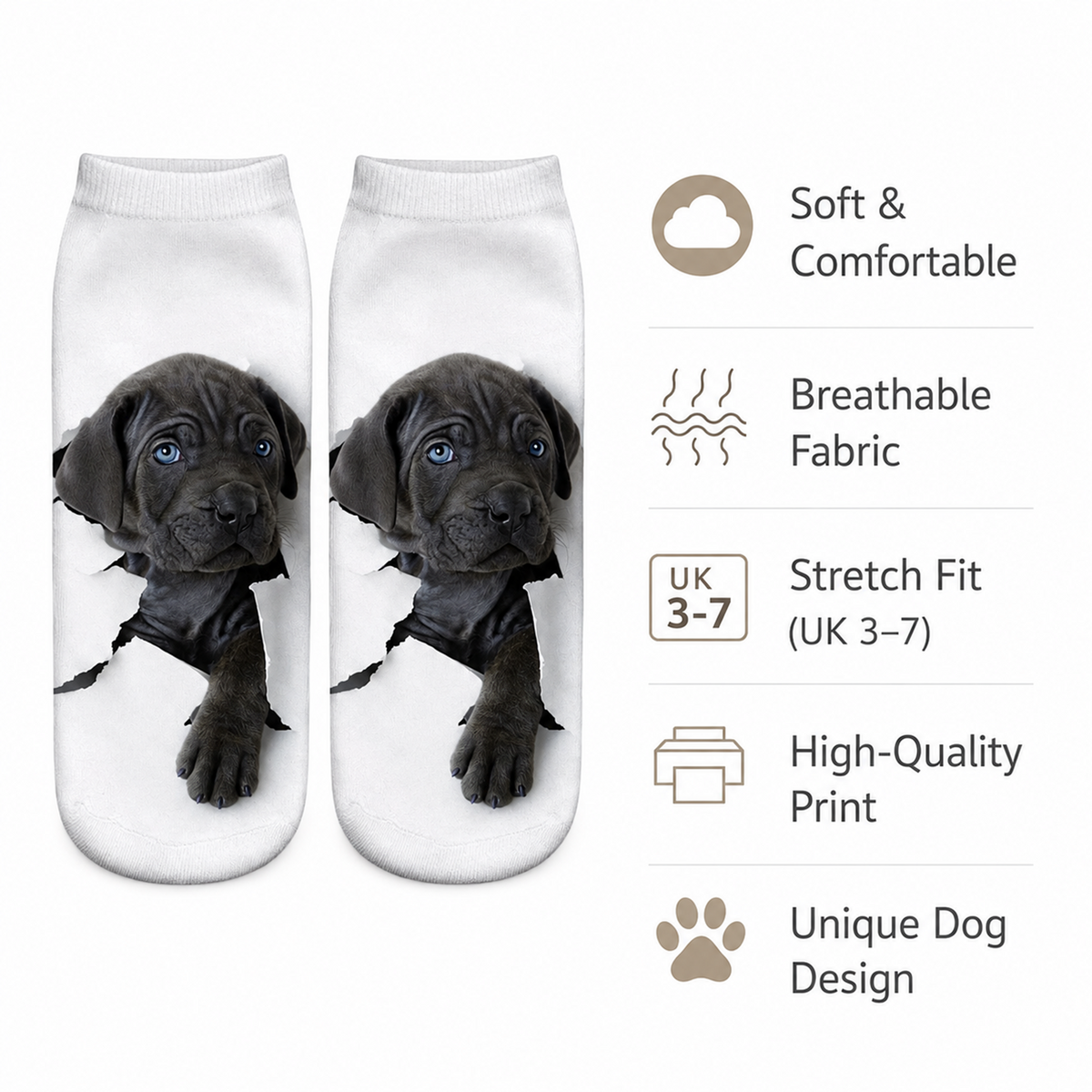 A pair of white ankle socks with a printed graphic of a black Labrador puppy peeking through a torn white fabric, shown next to a feature list with icons and text on a white background.